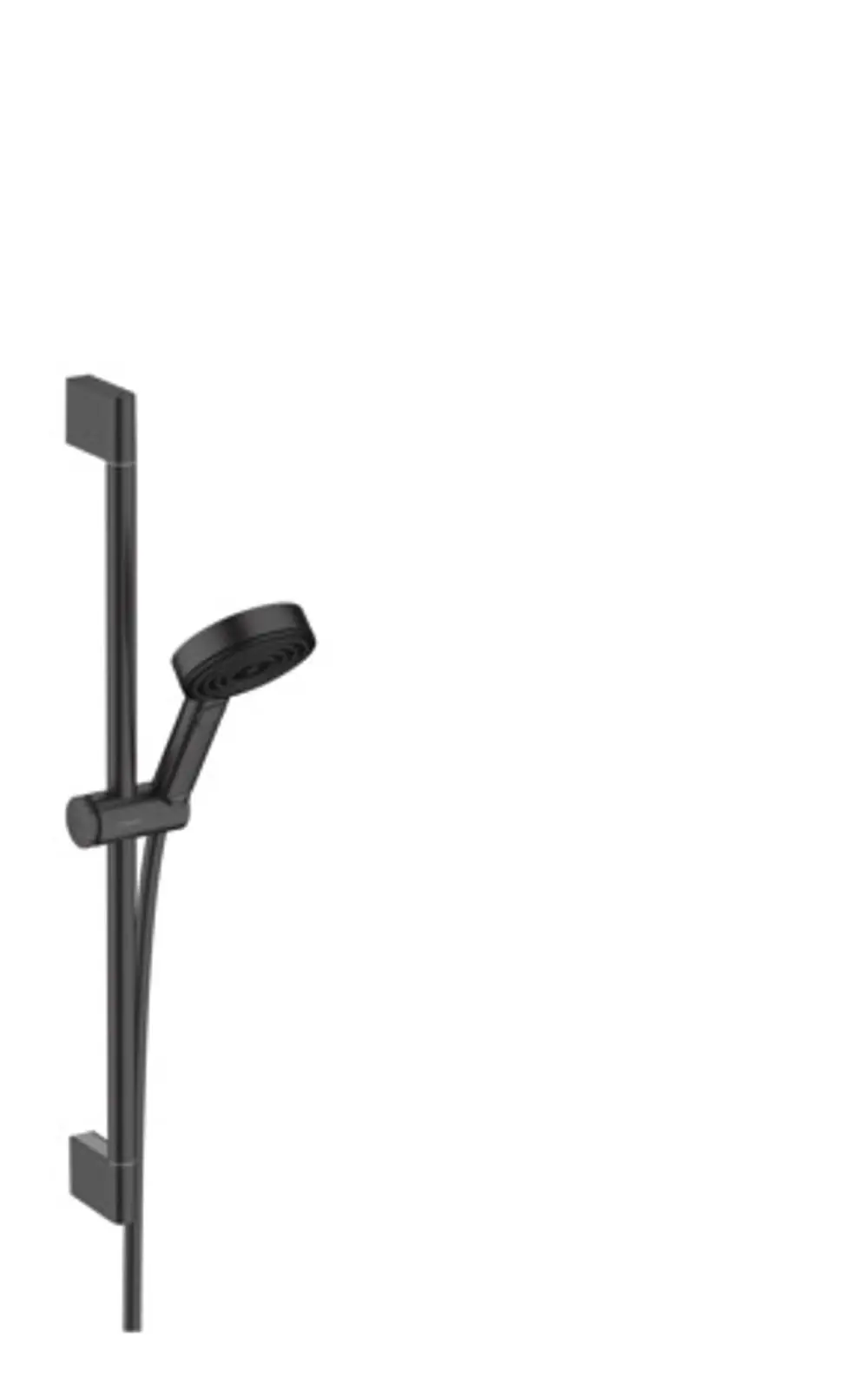 Schwarze Brausestange von Hansgrohe mit Handbrause, Schlauch und Halterung, minimalistisch gestaltet, auf weißem Hintergrund.